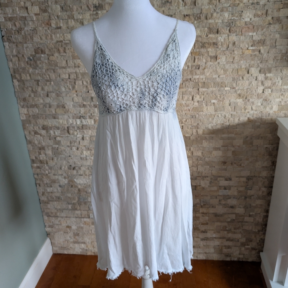 POL White Crochet Mini Dress Blue Fairy Size M Festival Coastal Cowgirl